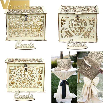 

Wedding Gift Card Box Wooden Money Box with Lock Beautiful Wedding Decoration DIY Supplies for Birthday Party