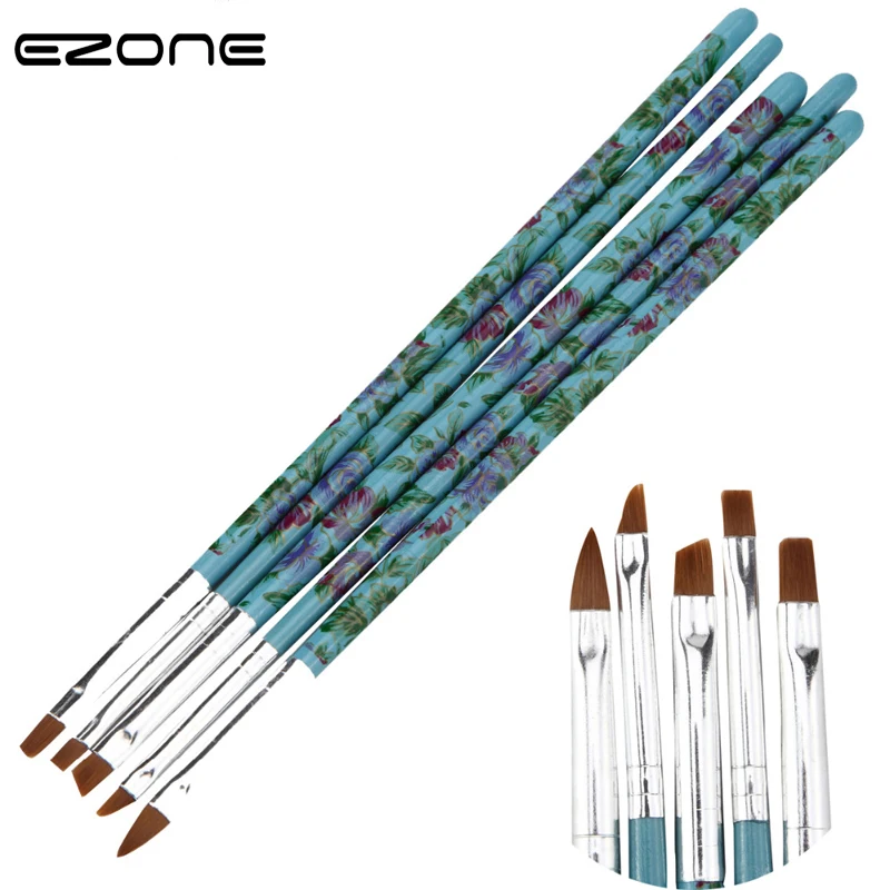 Goedkoop EZONE 5 STKS Nylon Kwast Plastic H auml;ndel Gedrukt Leuke Bloemen Verschillende Borstel Vorm Voor Olie Aquarel Art Supply