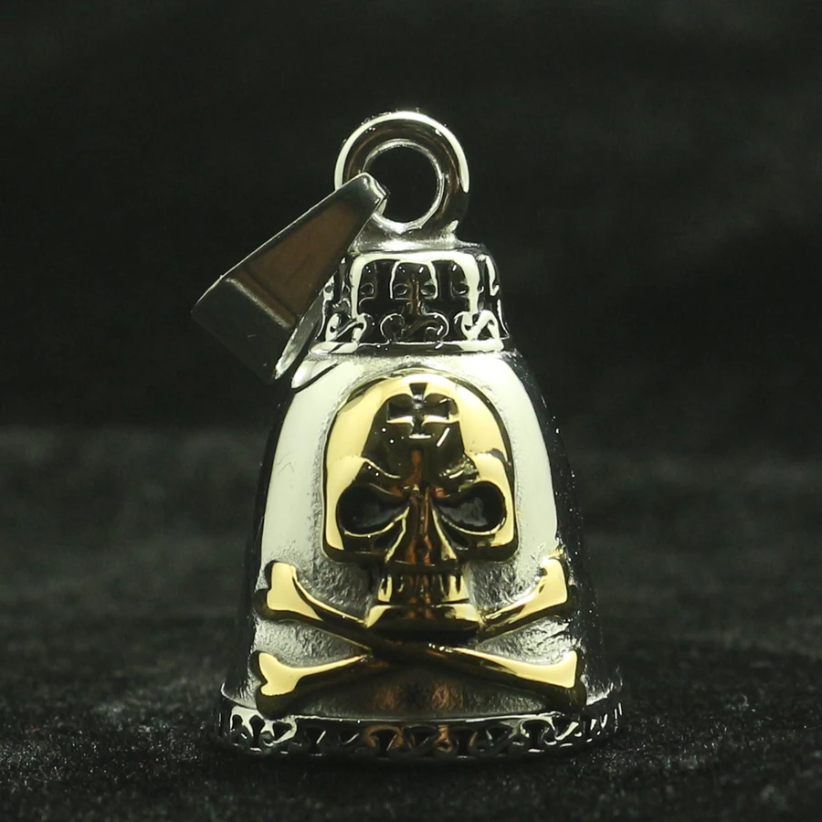 

Mens 316L Stainless Steel Cool Biker Silver Golden Cross Pirate Two-sided Skull Bell Pendant