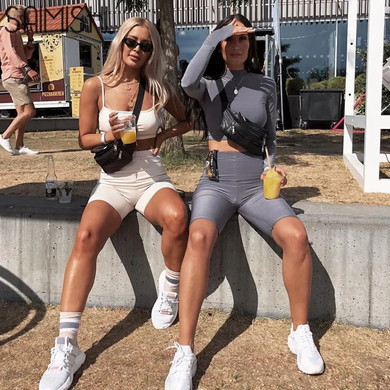 

Saimishi Autumn Winter Neon Green Women High Neck Long Sleeve Elastic Crop Tops Shorts 2 Pieces Set Casual Solid Sets