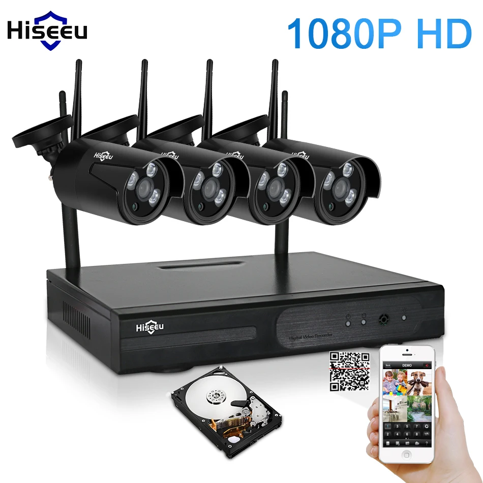 Hiseeu 4CH 1080P HD Outdoor IR Night Vision Video Surveillance Security 4pcs IP Camera 2MP WIFI
