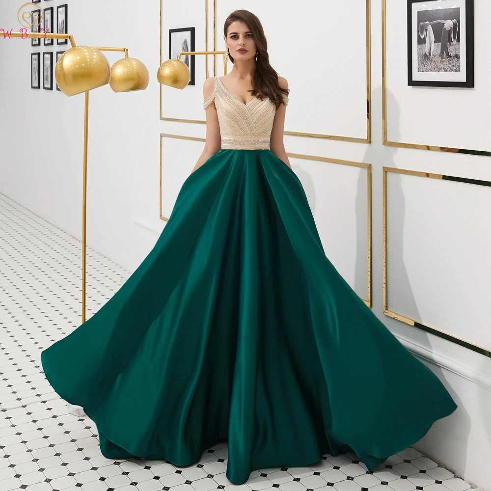 Evening Dresses Long Formal Wear 2019 Women Prom Gowns Beading Crystal Champagne Green Satin A Line V Neck Backless Party Luxury Evening Dresses Long Formal Wear 2019 Women Prom Gowns Beading Crystal Champagne Green Satin A Line V Neck Backless Party Luxury