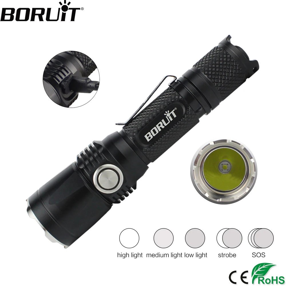 

BORUiT BC05 XP-L2 LED 1180LM Tactical Flashlight 5-Mode USB Rechargeable Torch with Pocket Clip Officers Lanterna 18650 Battery