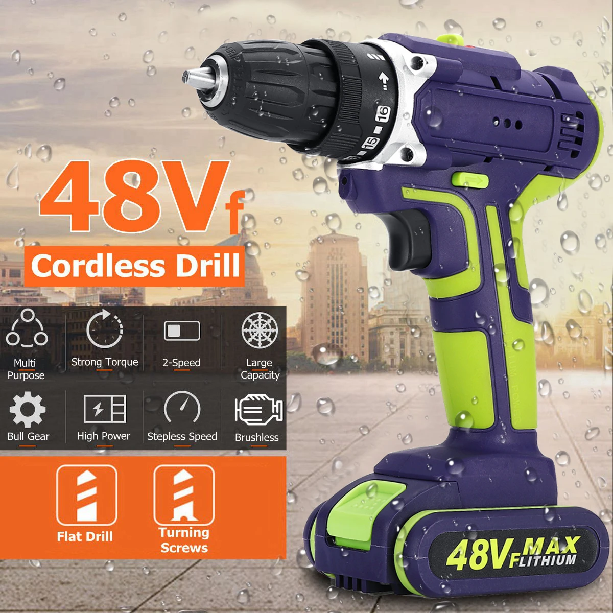 

Professional 48Vf Cordless drill Daul-Speed Adjustment LED lighting Large capacity battery 50Nm 16+1 torque 28pcs Accessories