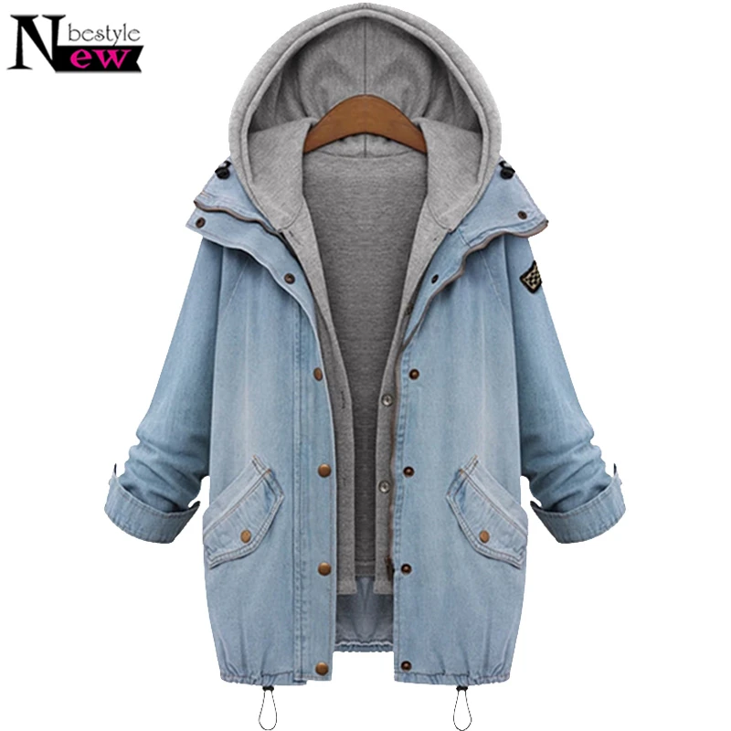 

Jeans Denim Jacket Women Hooded Drawstring Boyfriend Two Pieces Coat Women Long Sleeve Single Breasted Plus Size Bomber Jacket