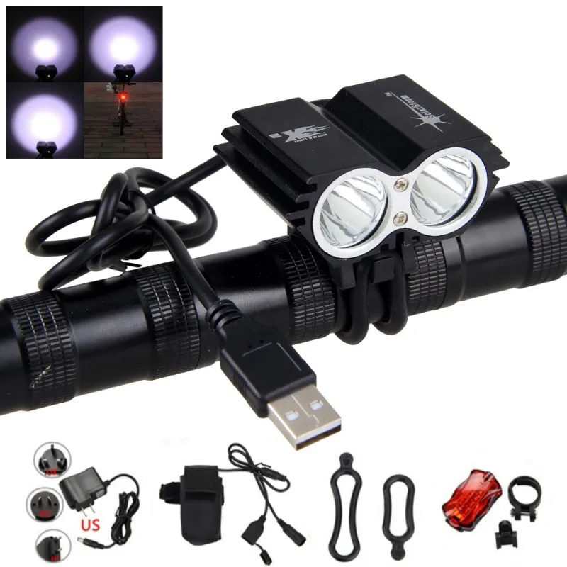 Discount USB Rechargeable Bike Light 8000 Lumens  T6 LED Headlamp Cycling Headlight Bicycle Accessories +Battery Sets+Rear Light 1