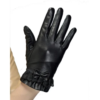 

Women 's Sheepskin Gloves Thicker Puffs Winter Lace Outdoors Warm Bows Leather Gloves free shipping