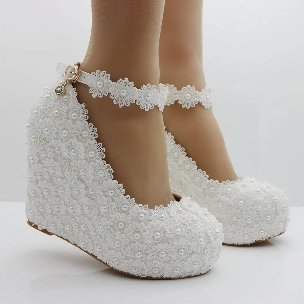 White lace wedges pumps shoes for woman 