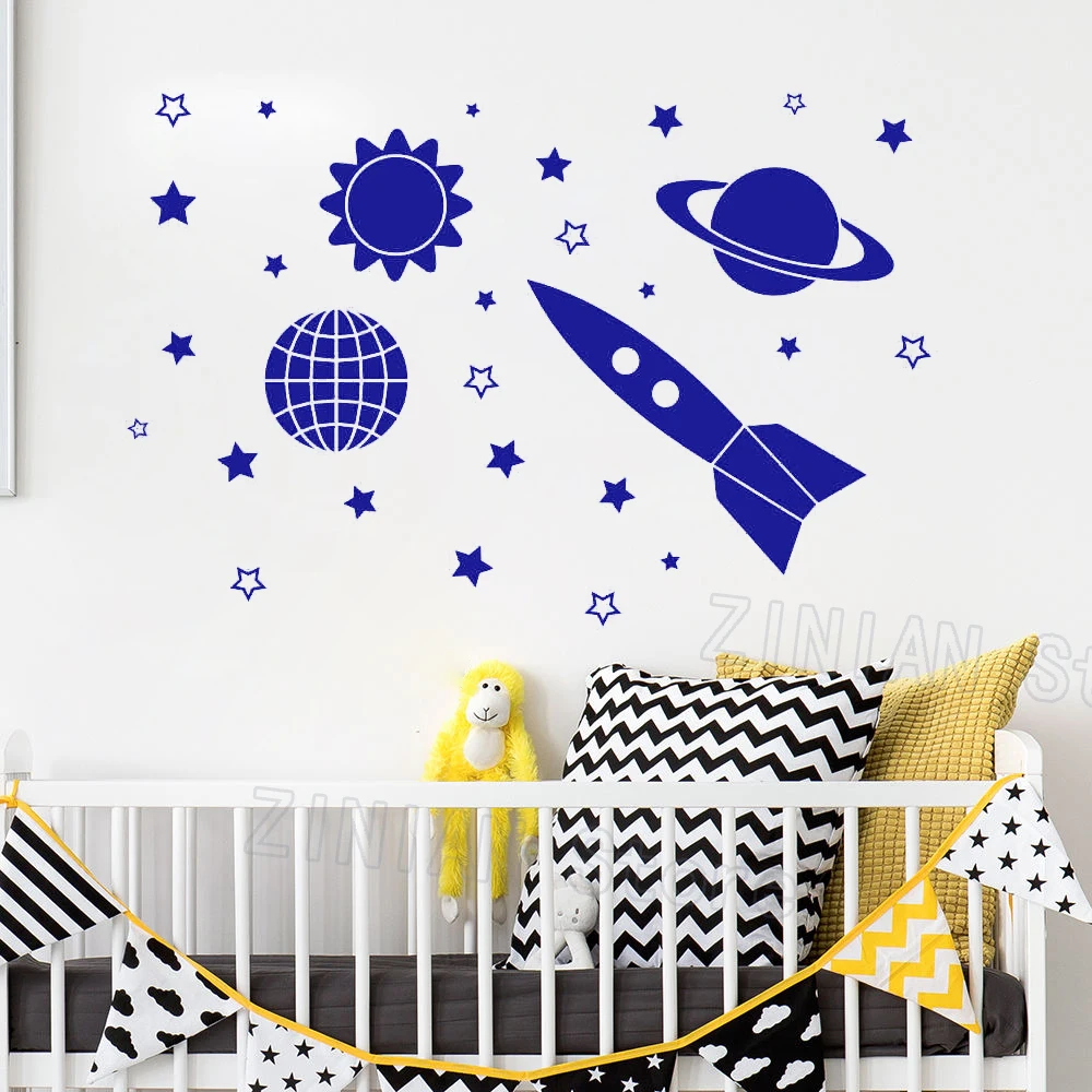 Us 8 99 25 Off Rocket Space Vinyl Wall Stickers For Kids Rooms Planet Stars Shape Wall Decals Adesivo De Parede Nursery Sticker Bedroom Z430 In Wall