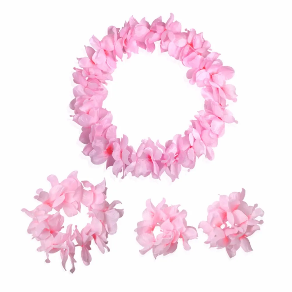 Set of 4 Hawaiian Luau pink flower Leis necklaces bracelets headband