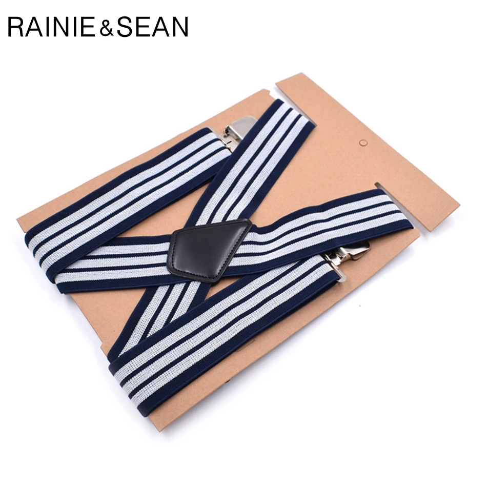 

RAINIE SEAN Wide Suspenders For men navy striped Mens Braces For Trousers 4 Clips 5cm Leather Male Shirt Suspender Belt 120cm