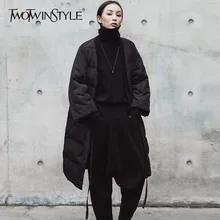 TWOTWINSTYLE хлопковое пальто на шнуровке кимоно для женщин V образным вырезом три четверти рукав Миди пальто Зимняя женская толстая модная одежда