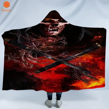 

3D Printed Skull Firing AX Thicking Hooded Blanket for Adult Gothic Sherpa Fleece Wearable Throw Blanket Microfiber Bedding