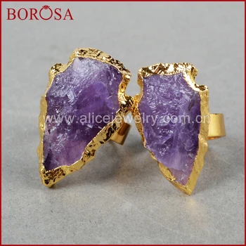 

BOROSA Raw Purple Crystal Ring Arrowhead Natural Purple Crystal Quartz Stone Gold Ring Not Adjustable Gems for Women G0698