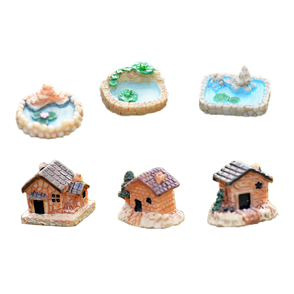 6pcs Handcraft Mini Resin Pool & House Figurine Micro Landscape DIY Fairy Garden Accessories