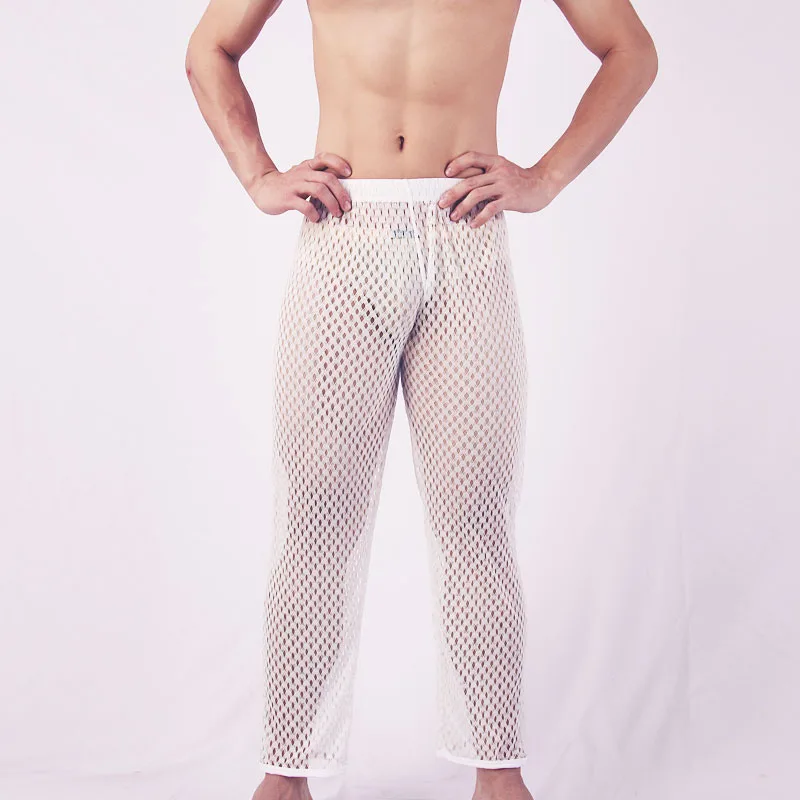 Сексуальные мужские прозрачные длинные штаны, дышащая ультра-тонкая пижама из сеточки, брюки, пижамы, штаны для сцены, Мужские штаны для сна