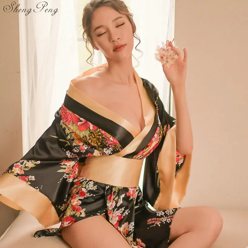 Women Japanese Kimono Floral Kimono Robe Sexy Nightgown Sleepwear Yukata Elegant Casual Spa Japan Sexy cosplay Costumes V948