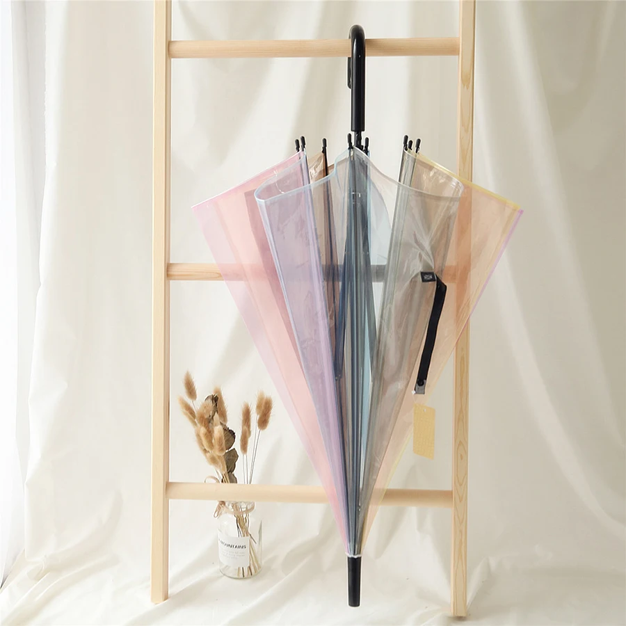

Summer PVC Automatic Umbrella Long Handle Rainbow Transparent Umbrella Japanese Women Rain Guarda Chuva Transparente Umbrellas 4