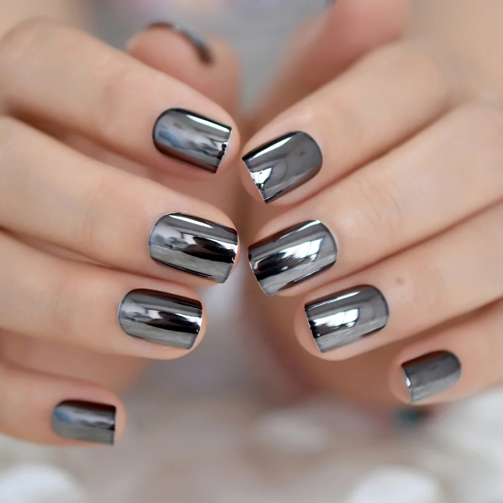  Dark Color Mirror Nails Medium Size Squoval Metallic False Nails Deep Grey Korea Manicure Tips 24 C