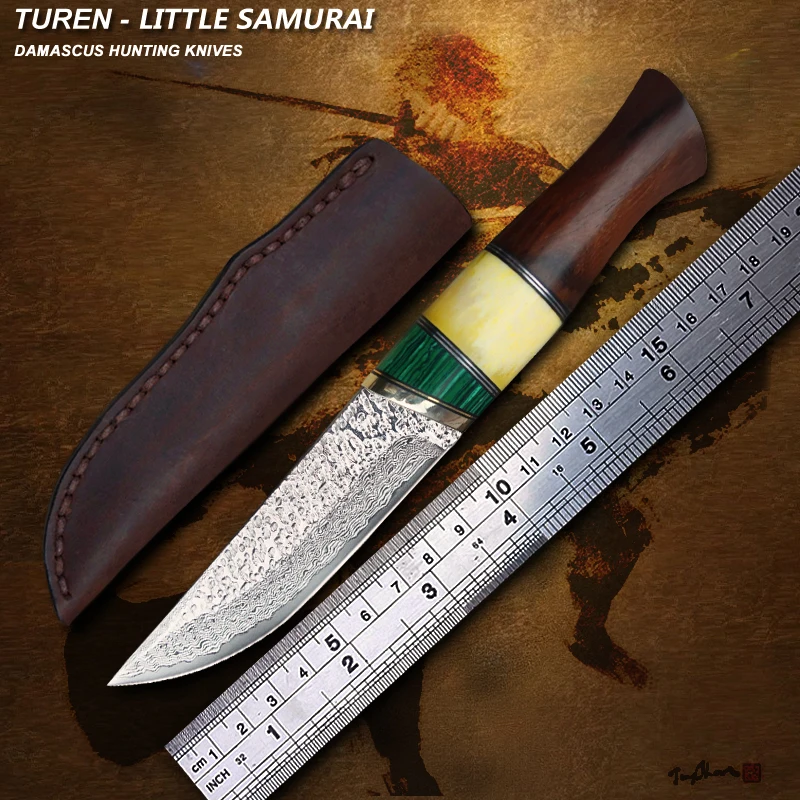 

TUREN-Damascus Steel Fixed Knife Bovine Bone Turquoise Wooden Handle Outdoor Tactical Survival Tools VG10 Hunting Straight Knife