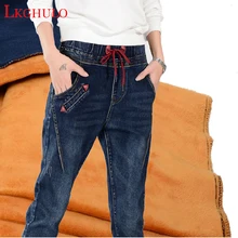 200 фунтов плюс Размер 33 женские зимние джинсы Harlan брюки для отдыха с эластичной резинкой на талии плотная верхняя одежда для девочек с бархатными штанами W540