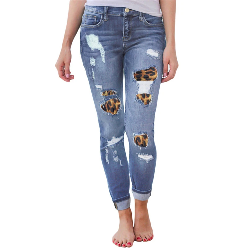 

High Waist Leopard Patchwork Ripped Pencil Jeans for Women Cute Female High Waisted Distressed Boyfriend Leopard Jeans Plus Size