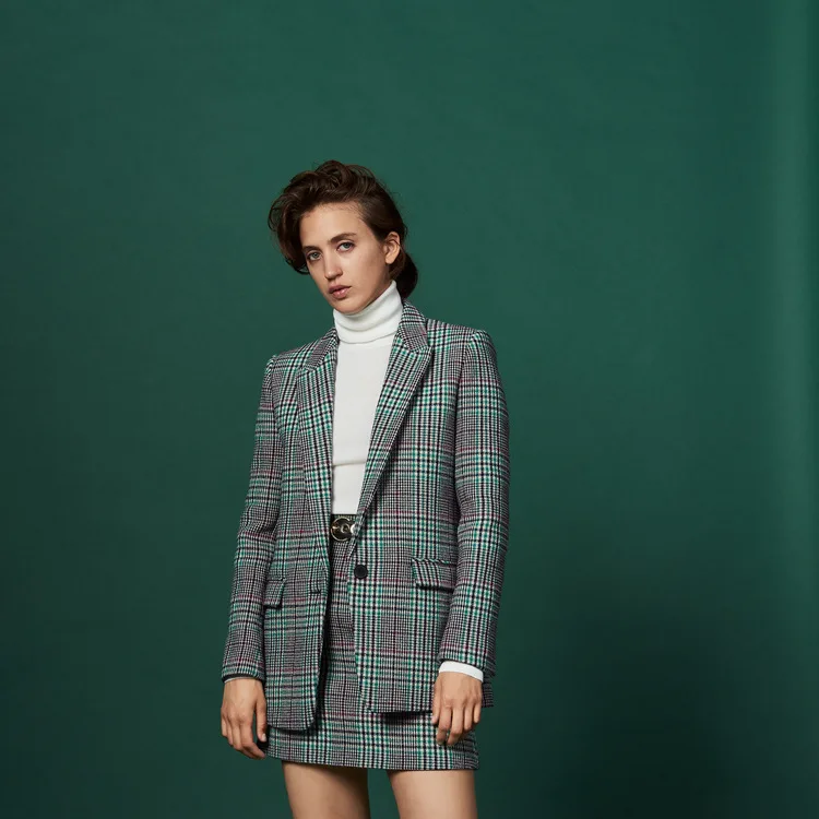

Women Suit 2018 Autumn and Winter Handsome Plaid Pattern Wool Blazer