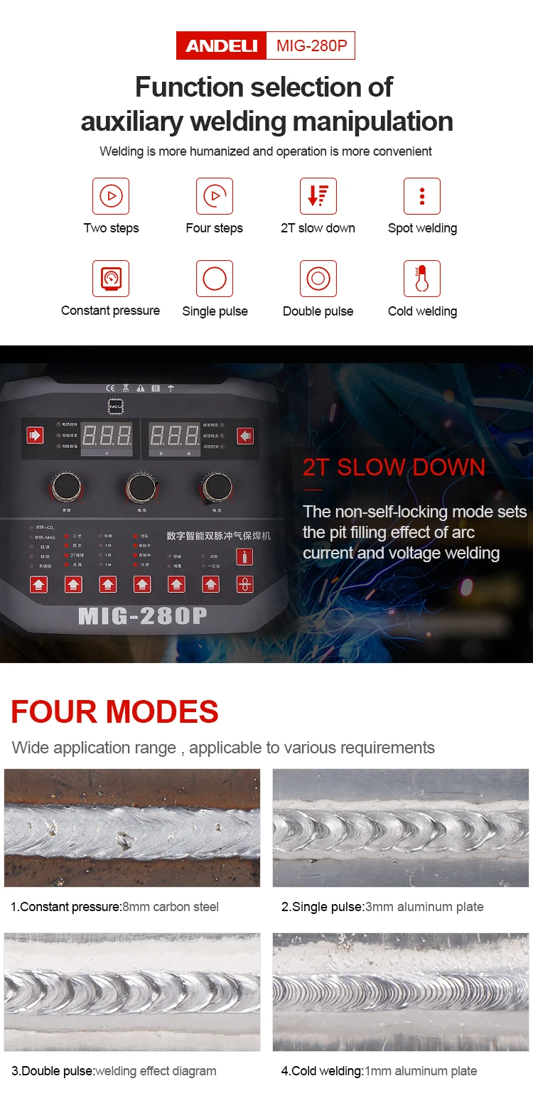 ANDELI умный однофазный MIG сварщик алюминиевая двойная система MIG-280P сварочный аппарат инвертор двойной импульсный 18 м/мин MIG сварочный аппарат