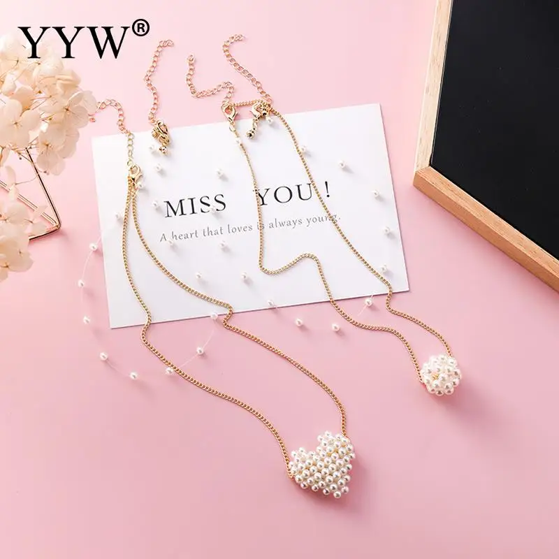 

2019 Korean New Elegant Double Layer Heart Round Ball Simulated Pearl Necklace For Women Invisible Fish Line Choker