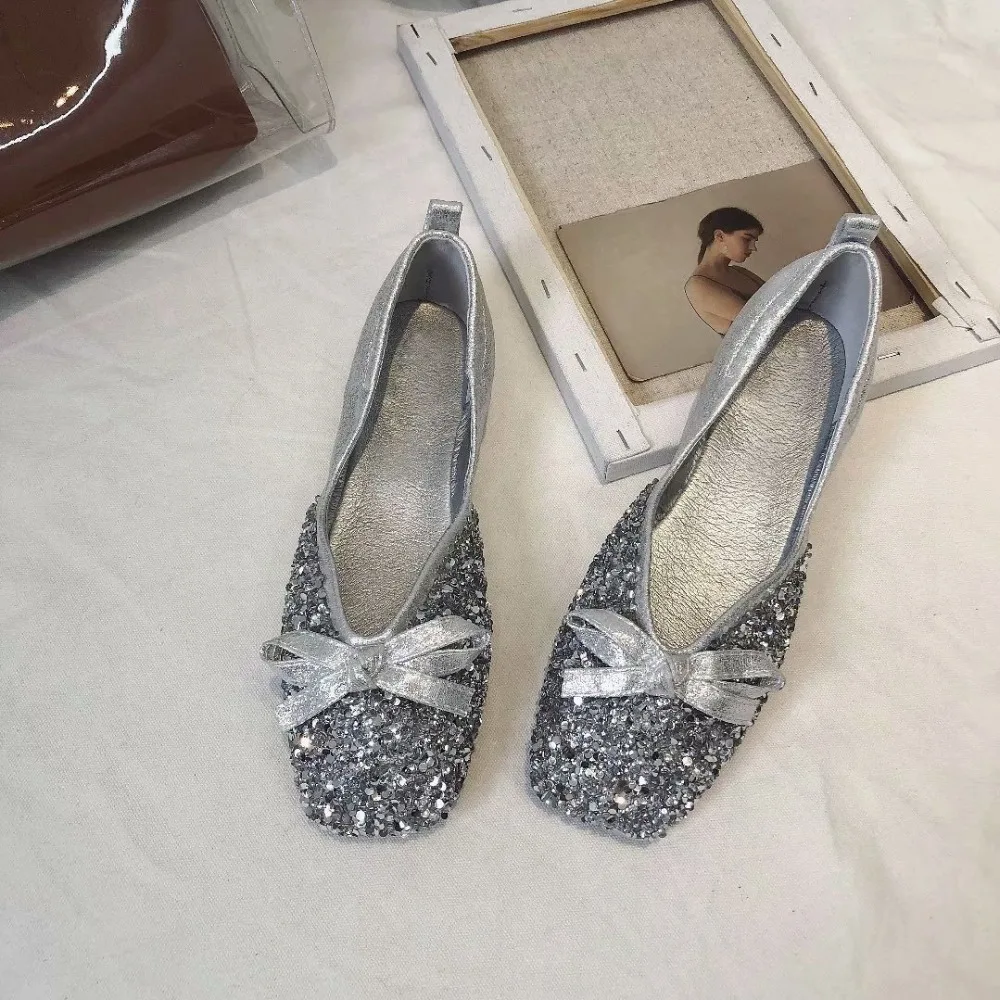 

Kjstyrka Women Crystal Ballet Flats 2018 Spring Autumn Silver Bling Crystal Square Toe Slip-On Flat Shoes Dress Party Shoes