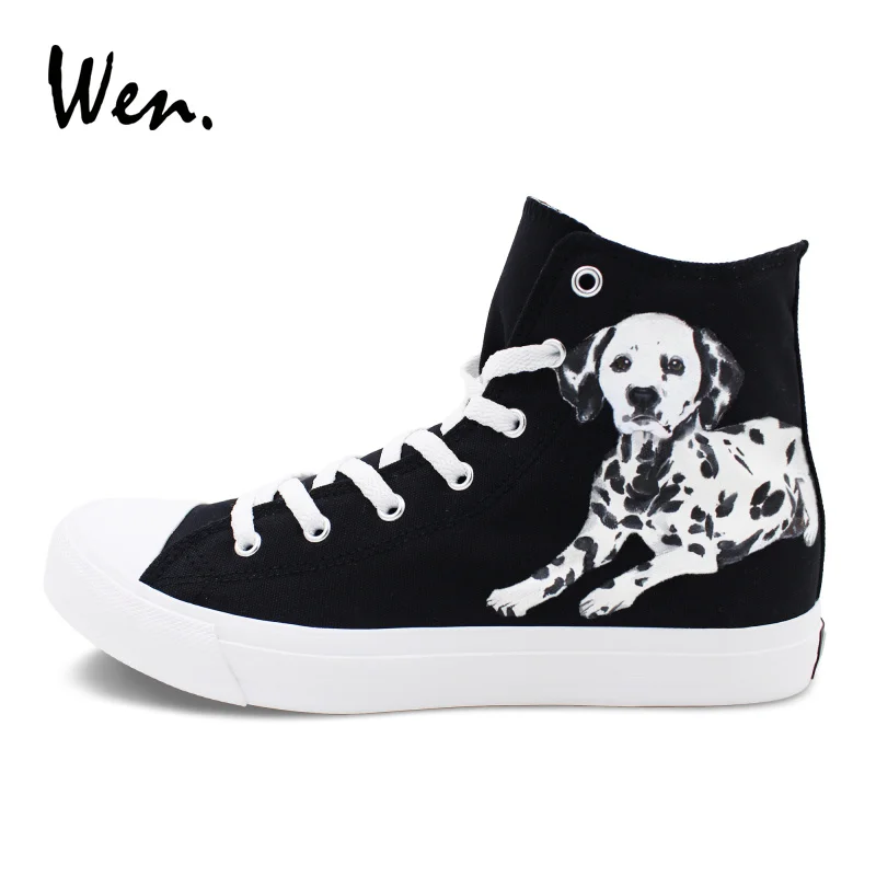 

Wen Custom Design Hand Painted Shoes Pet Dog Spotty Dalmatian Sneakers Canvas Black High Top Skateboarding Shoes