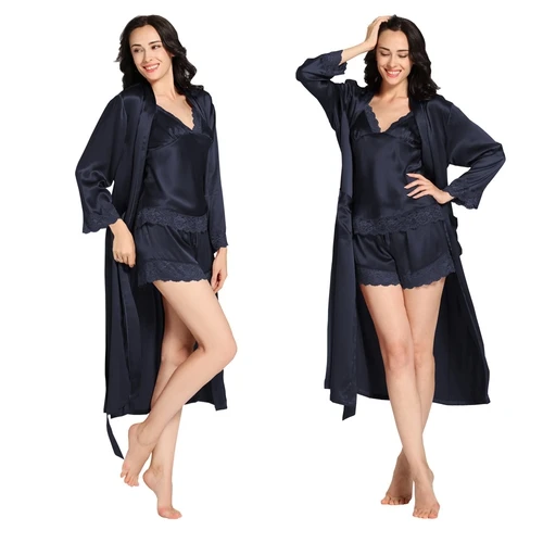 Lilysilk Long Sleepwear 3 Piece Pajama Set Women Mulberry Silk Pure Camisole Wedding Robes 22 MM Sexy Luxury Lingerie Lace - Цвет: Navy Blue