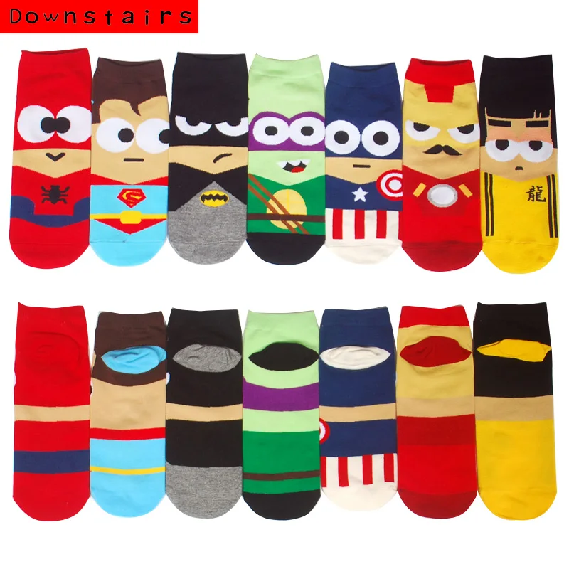 

Downstairs Super Heros Boat Socks Superman Batman Captain Arrowman Bruce Spiderman Ironman Patterns Invisible Lowcut Calcetines