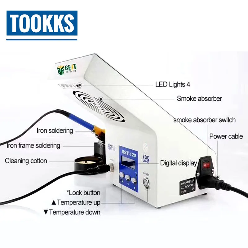 3 в 1 BST-120 ЖК-цифровая паяльная станция с поглотителем дыма и светодиодный светильник