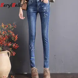 Новая мода оптовая продажа женские джинсовые узкие брюки Sexy Вышивка бренд стрейч джинсы дамы Высокая талия джинсы Femme берилл Bella
