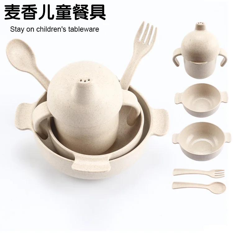 

5pcs bamboo tableware solid feeding Mickey dish baby dish food feeding cutlery set children tableware meal cut off tableware DIY