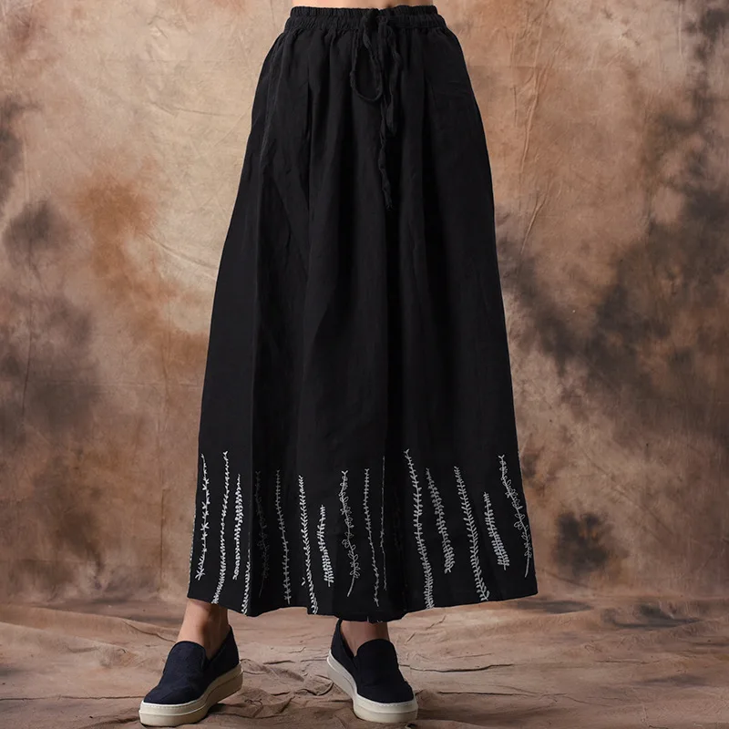 Plus caqui De marrón Vintage 2019 Mujeres Lino brick Las Cintura Red Johnature Primavera Negro Tamaño Bordado Calidad Ancha Algodón Pierna Alta Elástica Pantalones qwH6ERvF