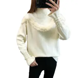 Модная норка пряжа со стержневой нитью сшивание с пышными рукавами жемчужный корейский длинный рукав тонкий пуловер свитер женский 2019