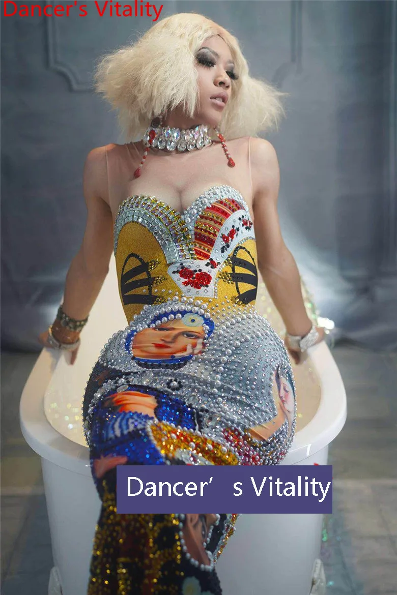 

Bar Car Model Singer Host Colorful Diamond Slim Fit Elastic Evening Dress Adult Pole Dance Stage Wear Competition Garments Oufit