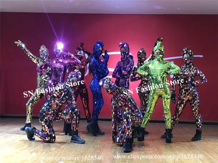 M54 Бальные Танцевальные Красочные Зеркальные костюмы сценическое боди Серебристые зеркальные наряды маска диджея платье для сцены Женская мозаичная одежда