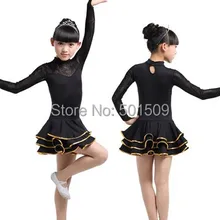 ; детское кружевное платье с длинными рукавами для латинских танцев; цвет черный, красный, желтый