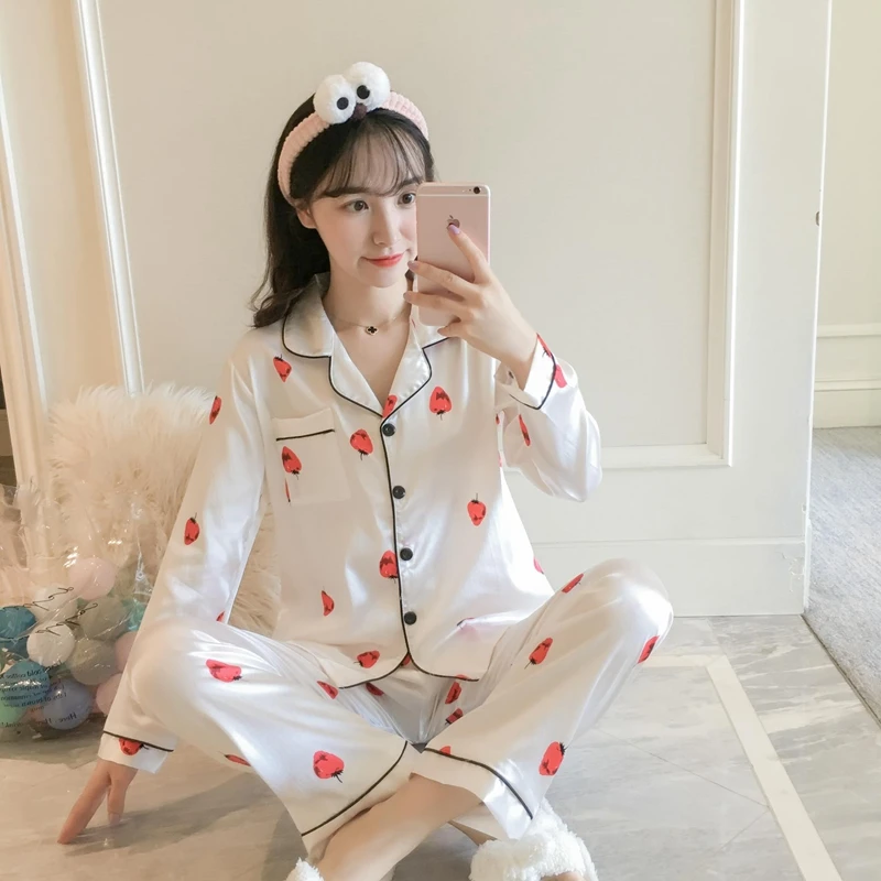 Женские шелковые пижамы пижамный комплект с длинным рукавом пижамы Pijama костюм женский сна комплект из двух предметов Loungewear плюс размеры