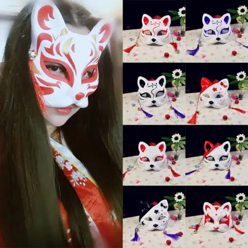 

Half Face Fox Mask Japanese Anime Hand-painted Kitsune Halloween Cosplay Mask US