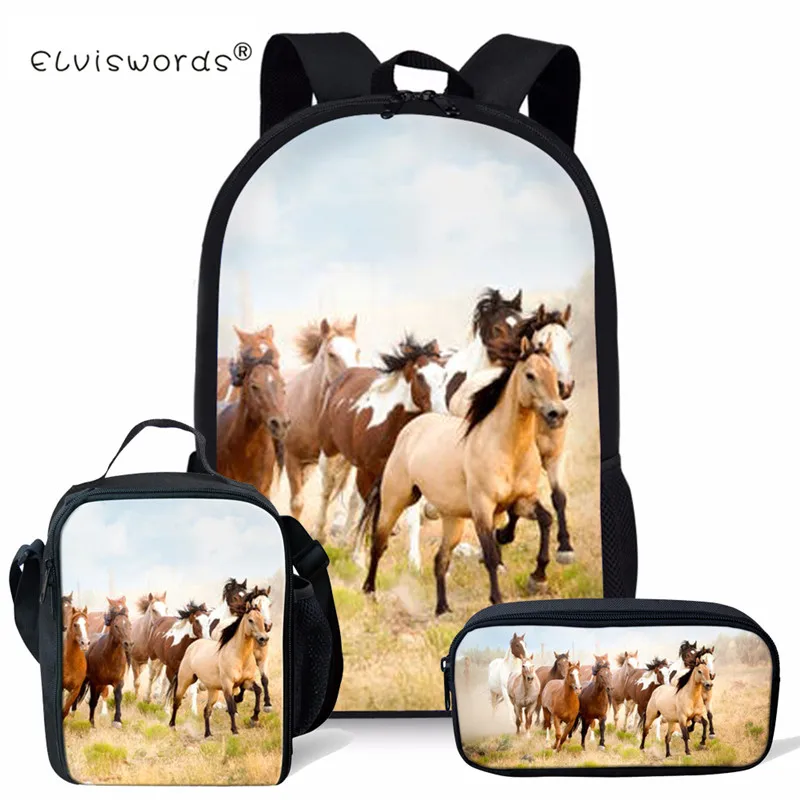 

ELVISWORDS 3pc/set Wild Horse Children Back Pack Boys Girls Primary School Bags For Kids Shoulder Schoolbag Mochila Escolar