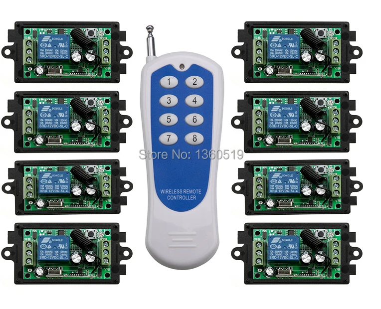 

DC12V 1CH 10A Wireless Power Switch System 8 Receiver & 1Transmitter Learning Code Toggle Momentary/lamp/ window/Garage Doors