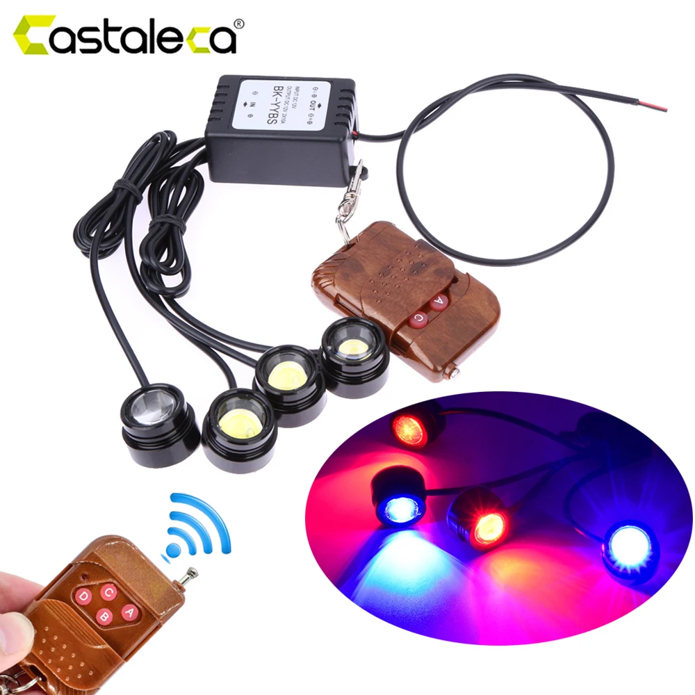 

Castaleca Vehicle 4in1 LED Daytime Running light Eagle eye Warning Strobe Lights Wireless Remote Control Kit 12V Fog Lamp
