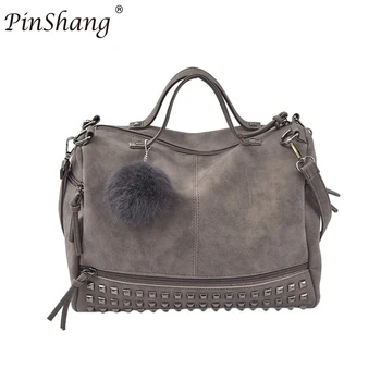 

PinShang Women Street Style PU Satchel Handbag Single Shoulder Bag with Pompon Rivet Trim 2017 fashion retro function ZK30