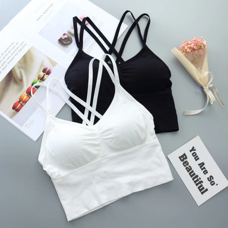 

Women Stretch Shoulder Straps Vest Removable Padded Beauty Back Underwear Tanks Elastic Waist Cropped Camisole