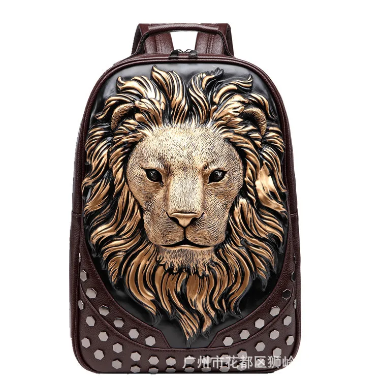 Рюкзак для мужчин и женщин с 3D тисненой головой льва и заклепками, рюкзак для путешествий из искусственной кожи высокого качества, рюкзак для ноутбука, школьная сумка для подростков