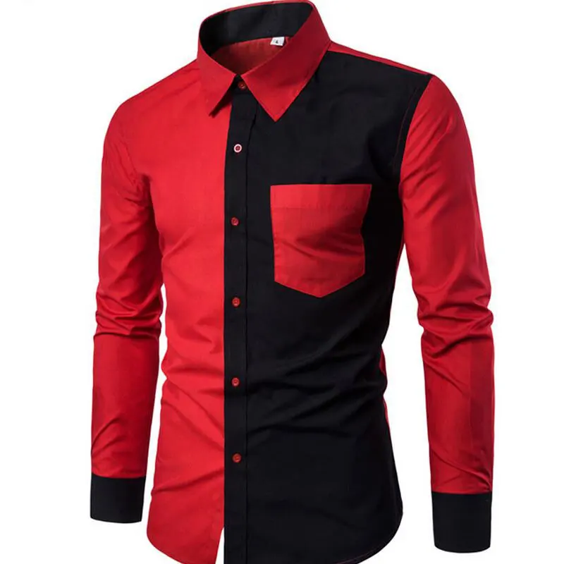 Baratos Alta calidad2019 Otoño Invierno nueva camisa de algodón para hombres moda negro rojo Patchwork Casual delgada camisa de manga larga camisa masculina